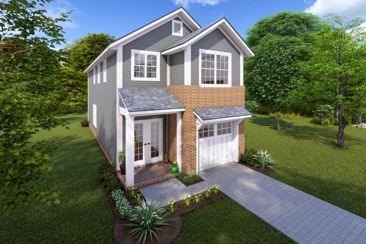 House plan exterior with two stories. Features include a front porch, gables, and a detached garage with a brick accent.