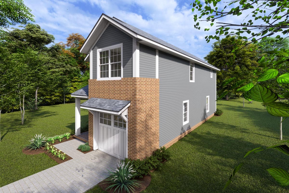 House plan exterior view: two-story design with gable roof, brick base, siding, and attached garage.
