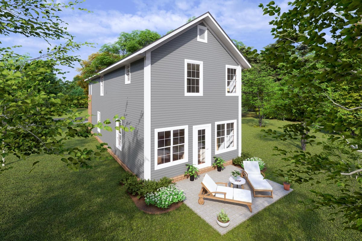 Two-story house plan exterior with gable roof, gray siding, white trim, and double doors opening to patio.