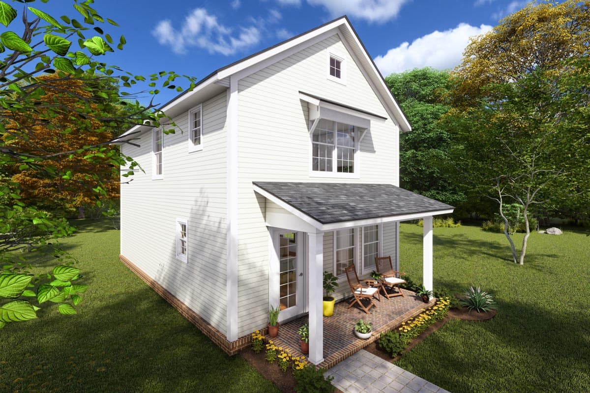 Two-story house plan exterior with gabled dormer, covered porch, and wide lap siding.