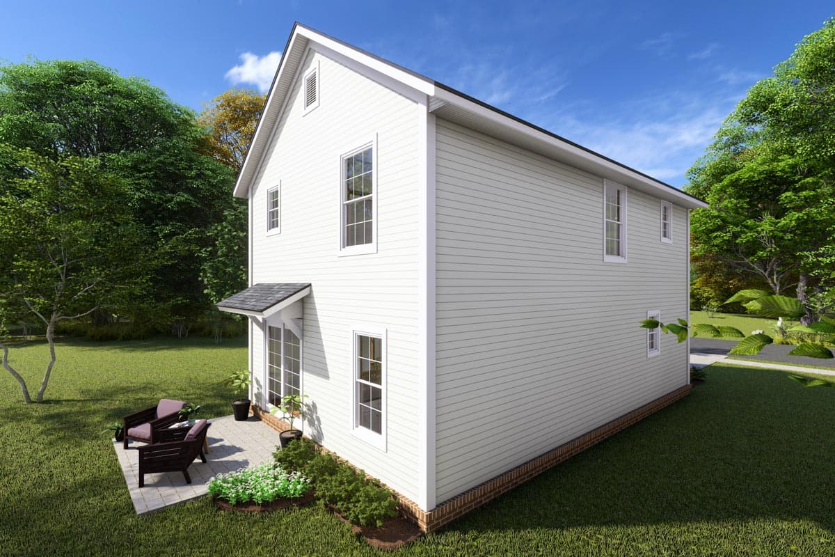 House plan exterior rendering of a two-story house with white siding, gabled roof, dormer, and patio.