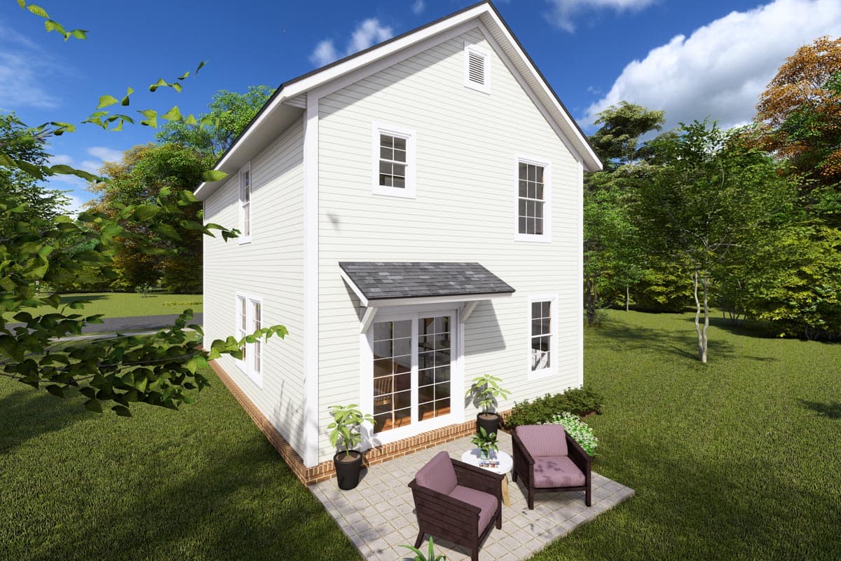 House plan exterior: Two-story home with white siding, gabled roof, centered dormer, and a small covered entryway over french doors.