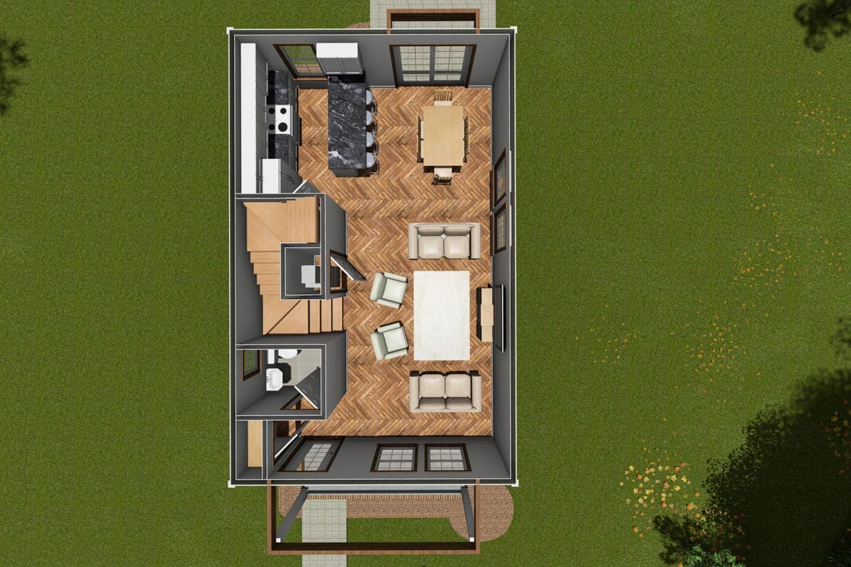 Architectural house plan rendering showing kitchen, dining, living area, stairs, and powder room.
