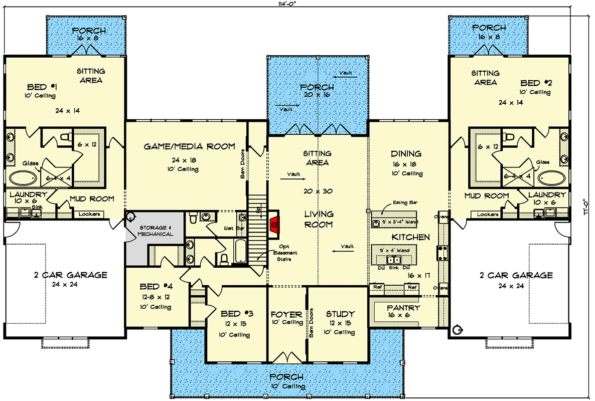 Plan 52329WM: Sprawling Multi-Generational Farmhouse Plan Under 5000 Square Feet - Floor Plan - Main Level - Country, Farmhouse