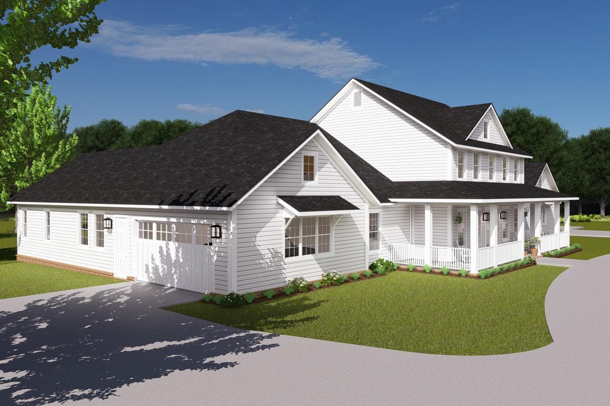 Modern Farmhouse style house plan exterior with a two-car garage, gable rooflines, dormers, and a wraparound porch.