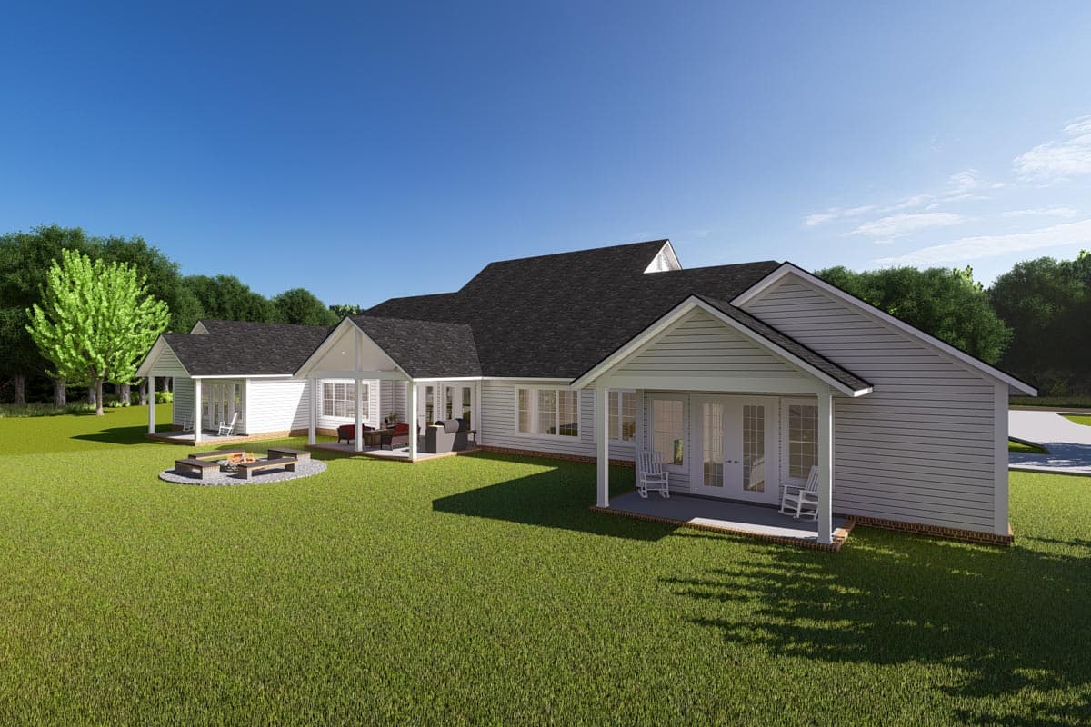 House plan exterior, single-story Modern Farmhouse style with gabled dormers, covered porches, and double-door entry.