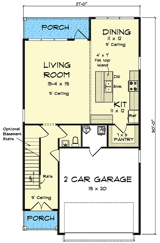 Plan 52330WM: 27 Foot Wide 2124 Square Foot 4 Bed House Plan with 2 Car Garage - Floor Plan - Main Level - Traditional