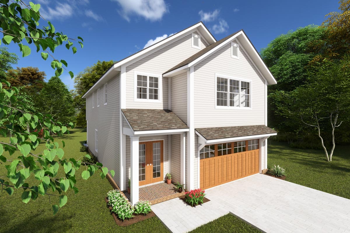 House plan exterior. Two-story home with Craftsman-style elements. Features include a front porch, gables, and attached garage with wood door.