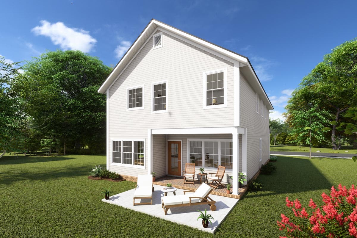 House plan exterior: Two-story home with a covered porch, gabled roof, and numerous grid-pane windows.