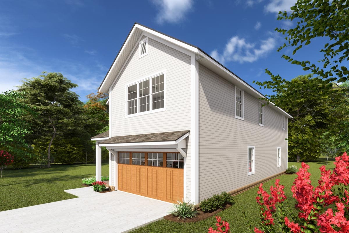 House plan exterior: Two-story home with a gable roof, siding, and a wood-paneled garage door.