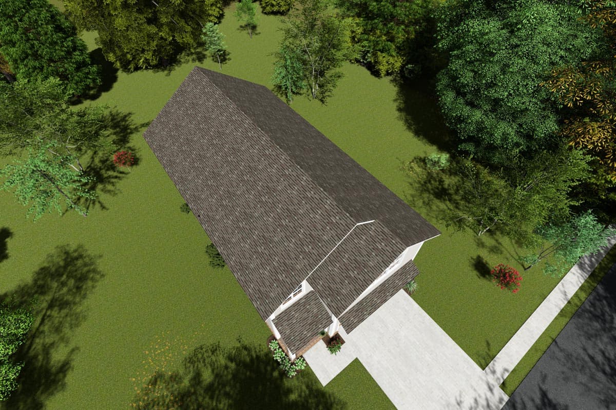 House plan exterior view shows a two-story modern farmhouse with a gabled roof, front-facing garage, and covered front porch.