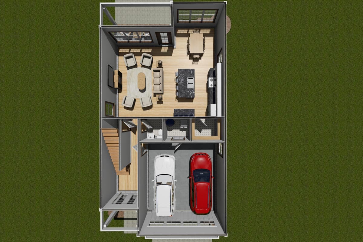 Main floor plan showing living area, kitchen with island, dining area, two-car garage, and stairs to upper level.