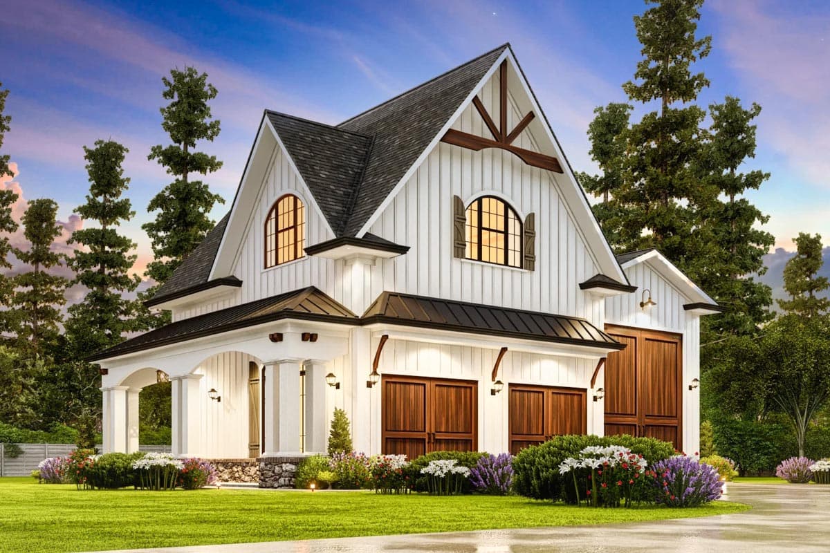 Modern Farmhouse house plan exterior with board and batten siding, arched windows, covered porch, and double garage doors.