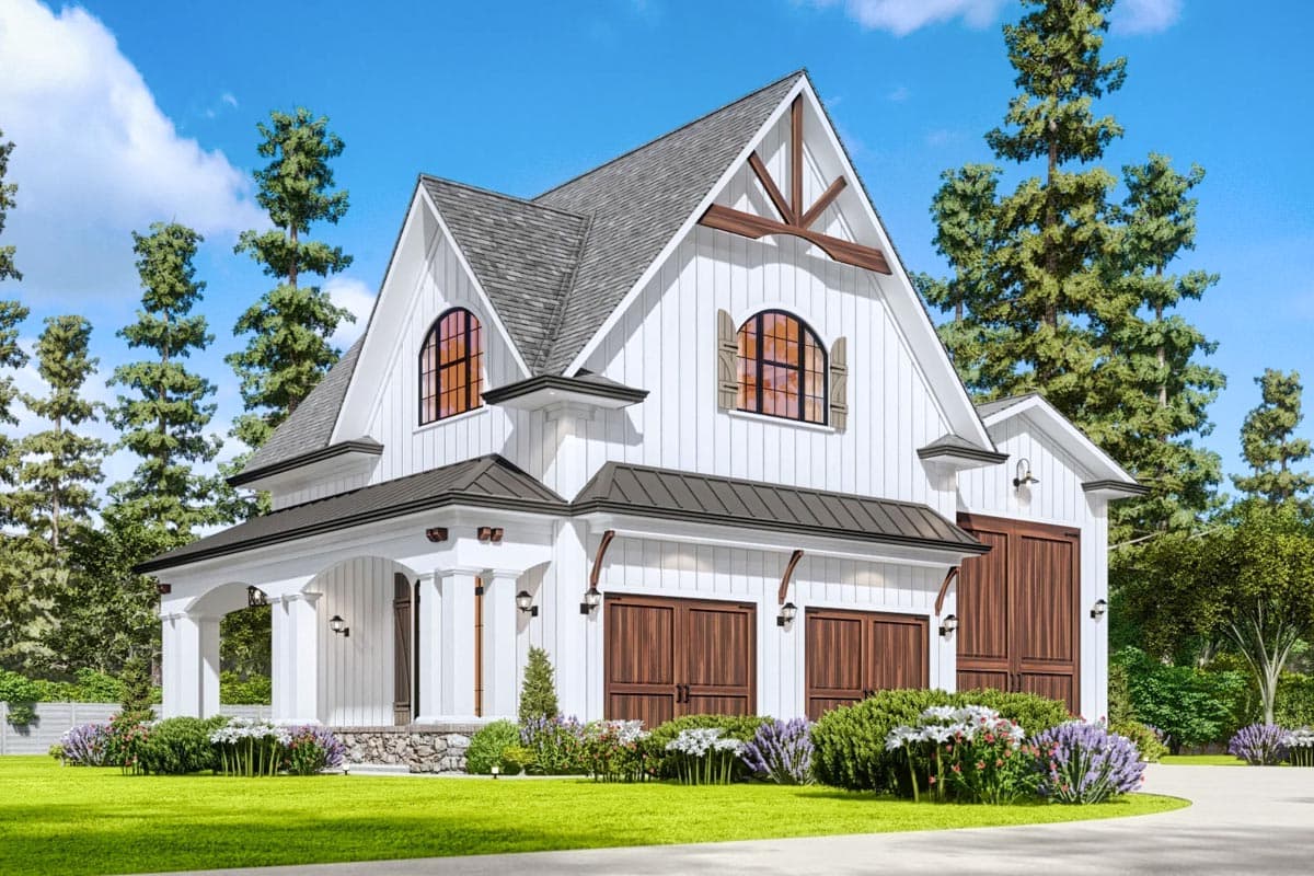 Modern Farmhouse style house plan exterior with two stories, arched dormers, white vertical siding, and a three-car garage.