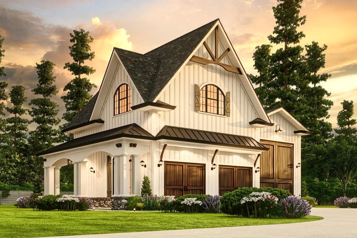 Modern Farmhouse house plan exterior with board and batten siding, arched windows, gabled roof, and a covered porch.