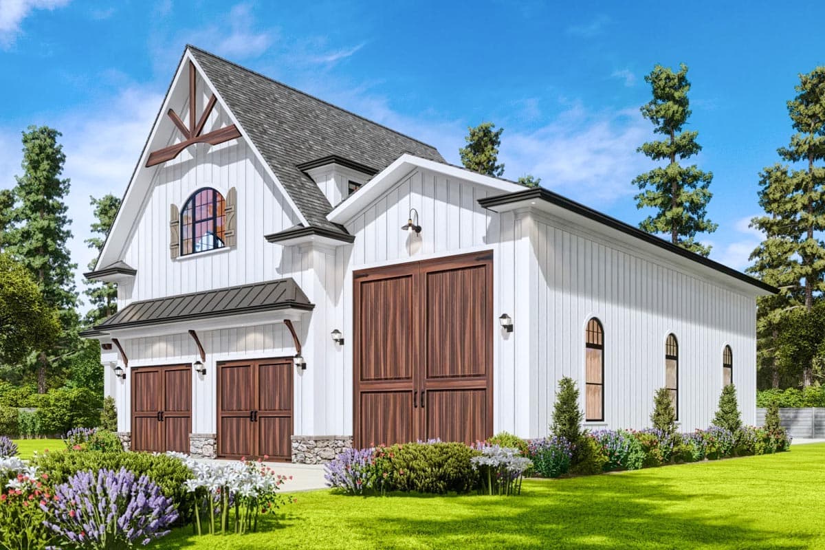 Modern farmhouse house plan exterior with white vertical siding, three garage doors, arched windows, and exposed rafter tails.