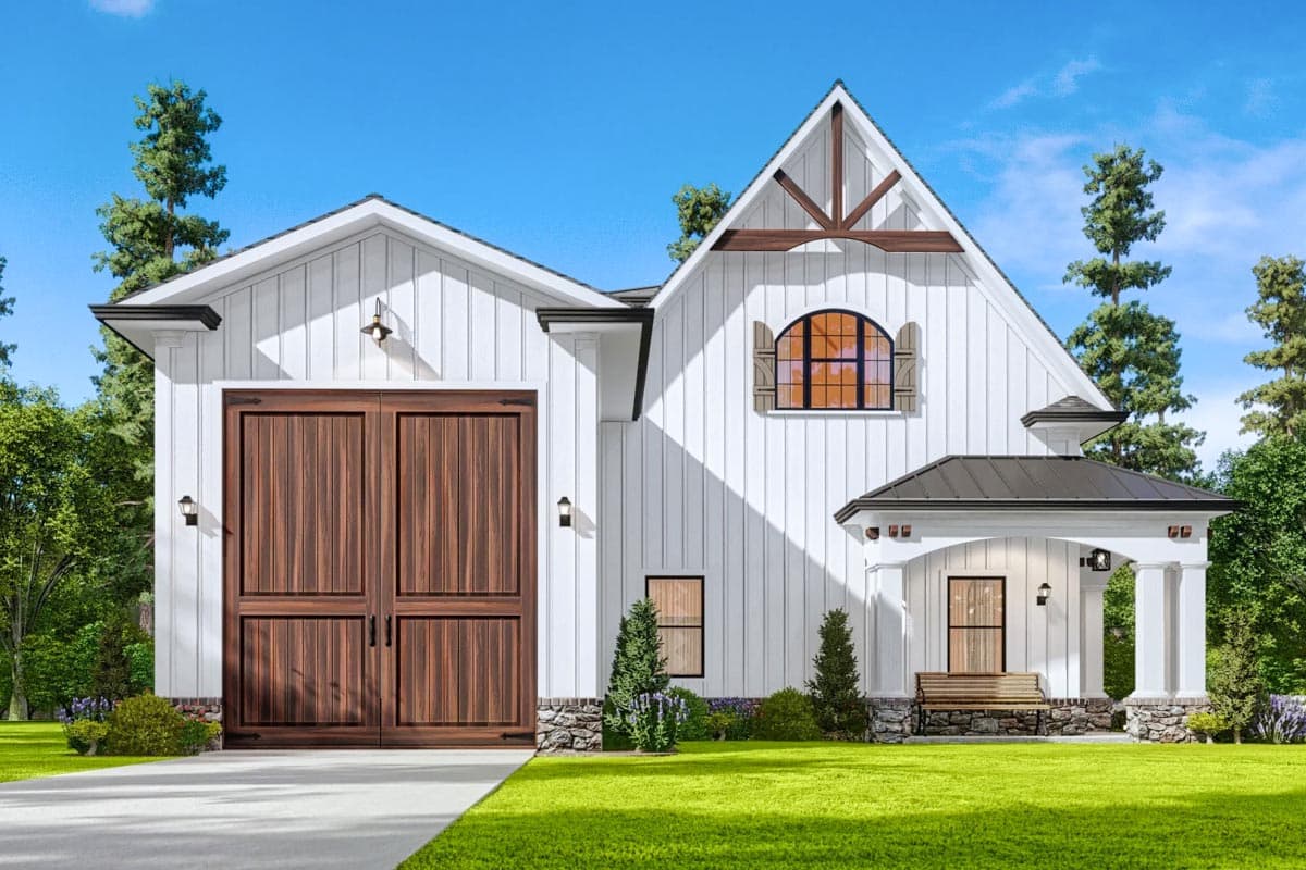 Modern Farmhouse house plan exterior with board and batten siding, double garage doors, arched window, and covered porch.