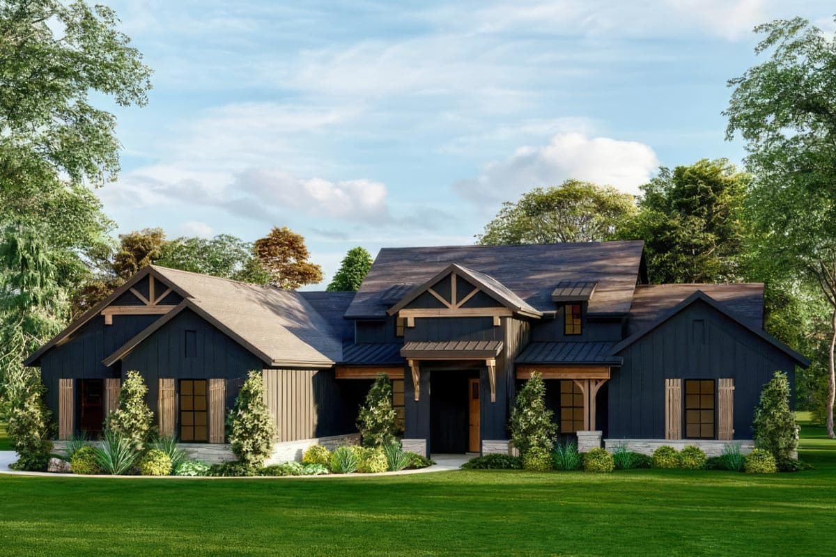 House plan exterior. Modern farmhouse style with dark siding, gabled rooflines, and a covered front porch with exposed timber supports.