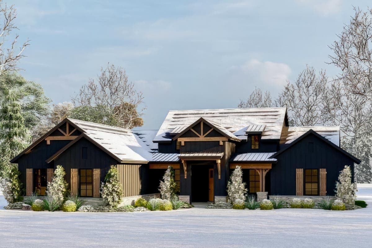 House plan exterior: Modern Farmhouse style, 1.5 stories, dark siding, wood accents, gables, dormers, and covered entry.