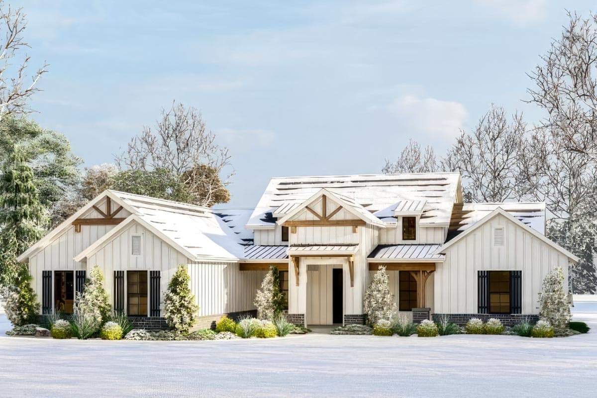 Modern Farmhouse house plan exterior with board and batten siding, multiple gables, and exposed wood beams.