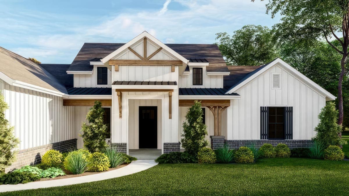 Modern Farmhouse house plan exterior with board-and-batten siding, exposed wood beams, metal roof, and gabled entry.