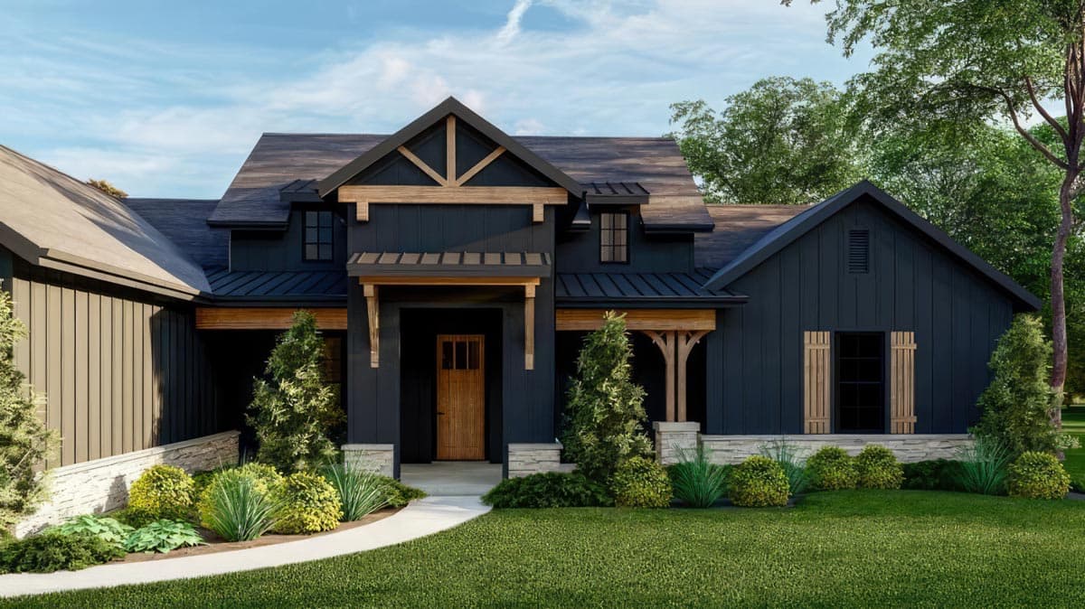 House plan exterior: Modern Farmhouse style, dark board and batten siding, metal roof, exposed wood beams, covered entry with wood door.
