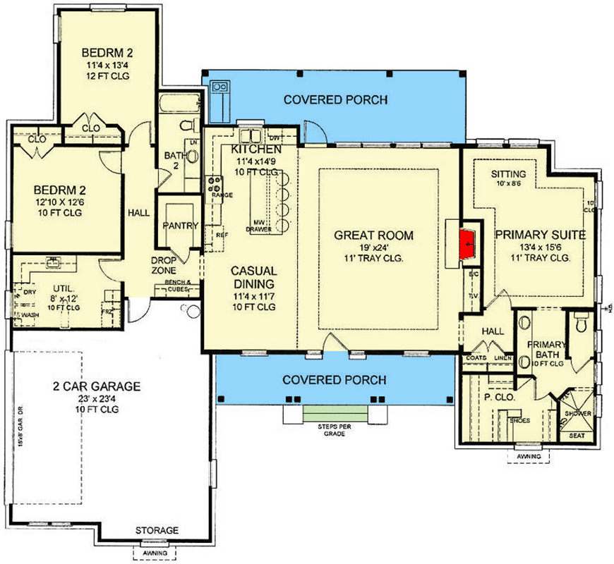 Plan 54037LK: 2066 Square Foot 3 Bed Craftsman House Plan with Single Floor Living - Floor Plan - Main Level - Country, Craftsman, Ranch