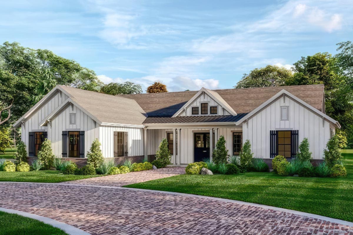 House plan exterior. Modern Farmhouse style with board-and-batten siding, multiple gables, and a front porch. Features include a brick paver driveway.