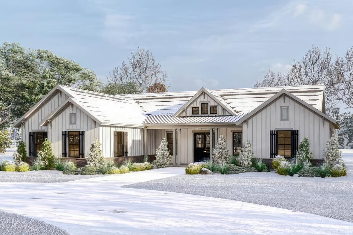 Modern Farmhouse house plan exterior with gable dormers, vertical siding, a covered porch, and metal roof.