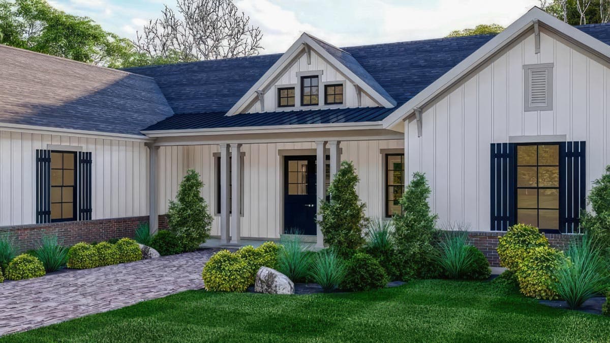 Modern Farmhouse house plan exterior with a covered porch, board and batten siding, dormer windows, and dark shutters.