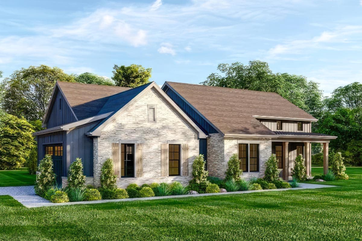 Modern Farmhouse house plan exterior with stone and vertical siding, gables, and covered porch with wood columns.