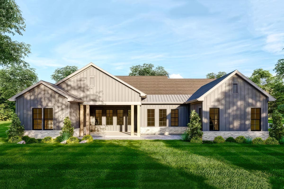 Modern Farmhouse house plan exterior, one story, board and batten siding, covered porch with wood columns, metal roof sections.