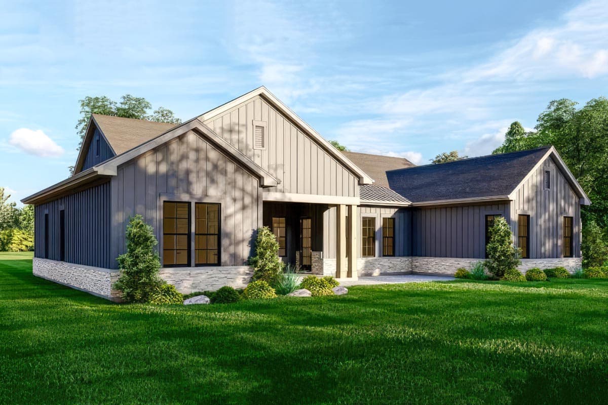 Modern Farmhouse house plan exterior with gabled roofs, board and batten siding, stone accents, and covered porch.