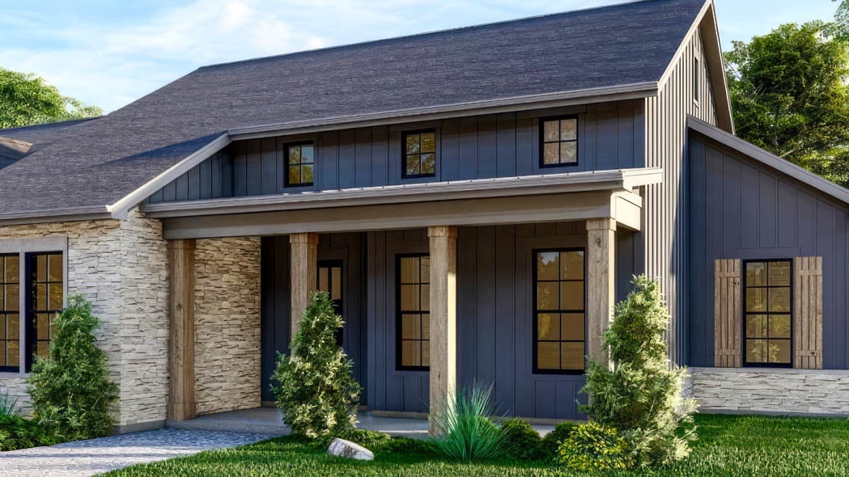 House plan exterior: Modern Farmhouse style, two stories, stone accents, covered porch with wood columns, gabled roof.