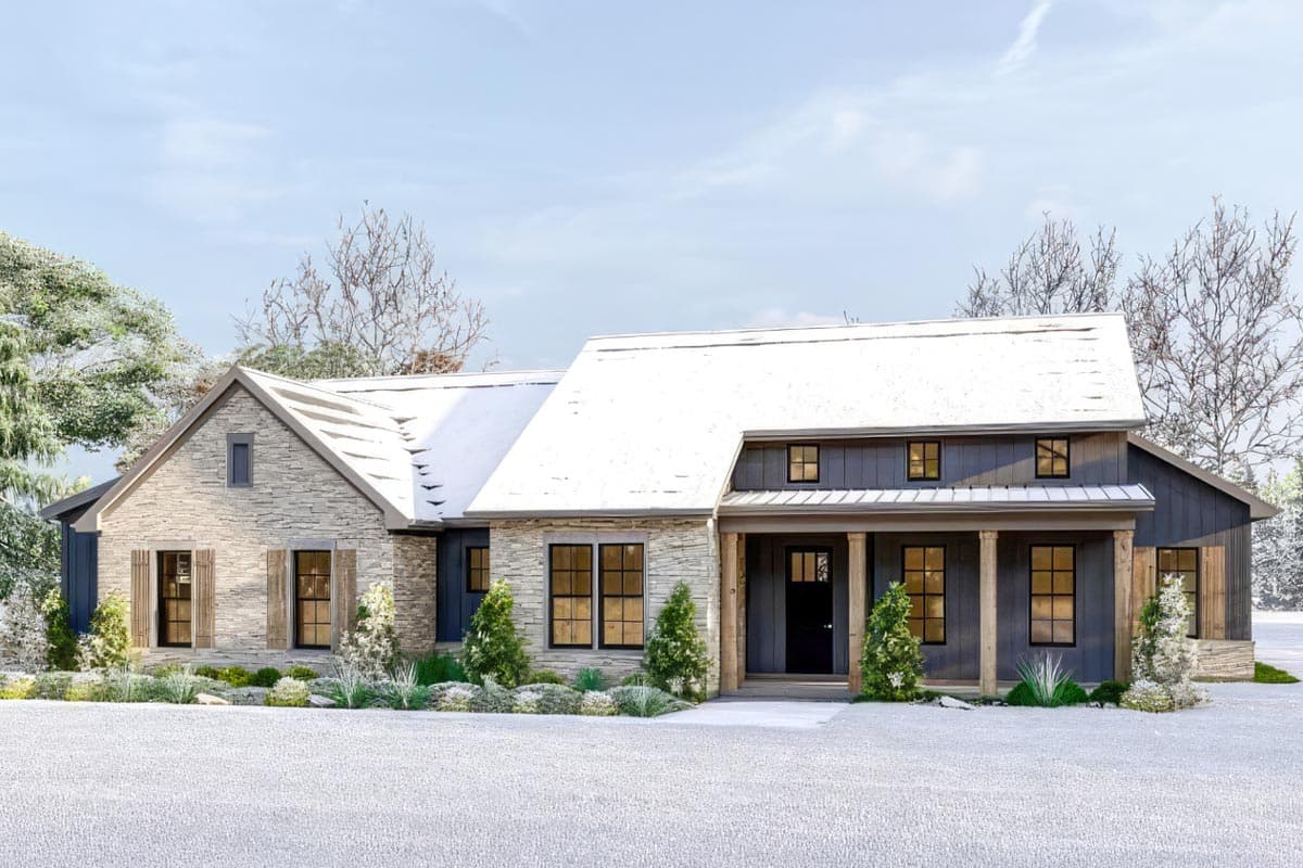 Modern Farmhouse house plan exterior with stone and board-and-batten siding, a prominent gable, and covered front porch.