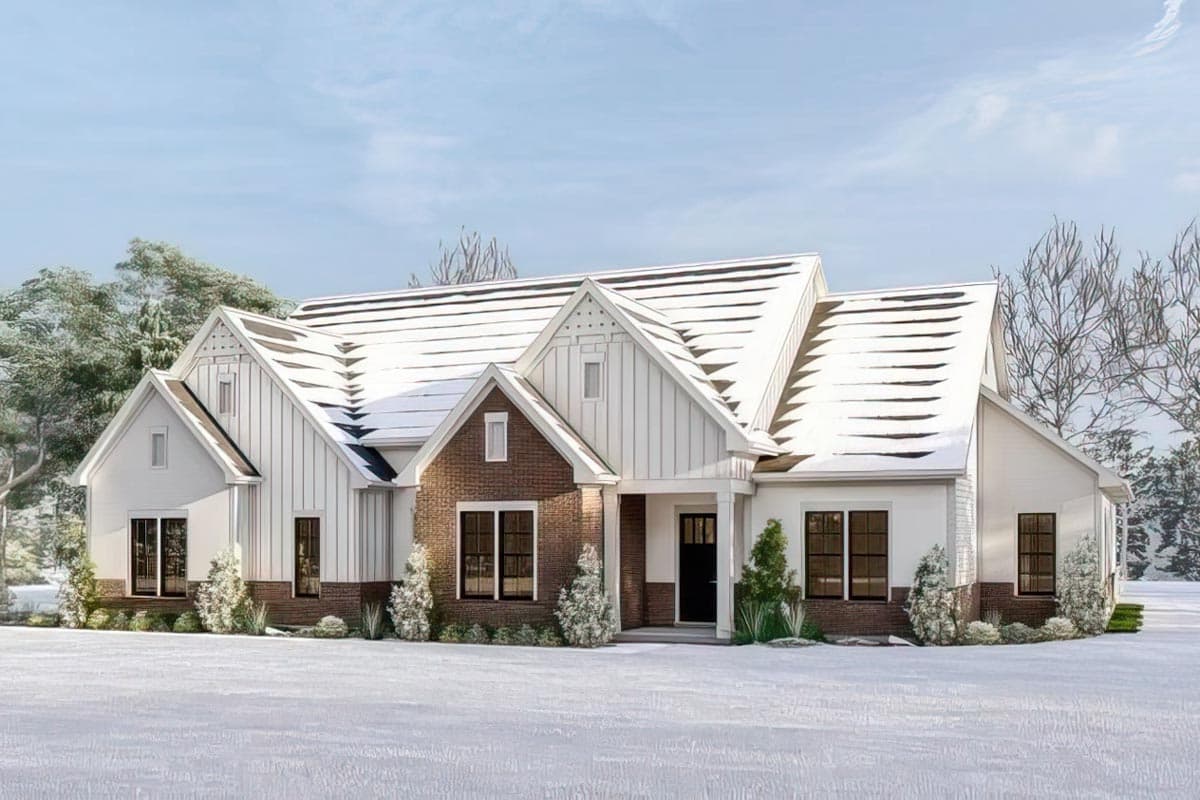 Modern Farmhouse house plan exterior with white vertical siding, brick accents, multiple gables, and covered entry.