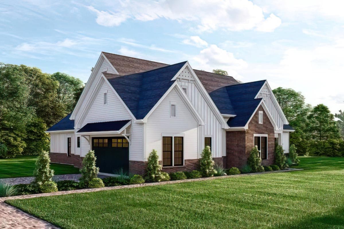 House plan exterior: Modern Farmhouse style, two stories, white siding, dark blue roof, prominent gables, brick accents, side-entry garage.