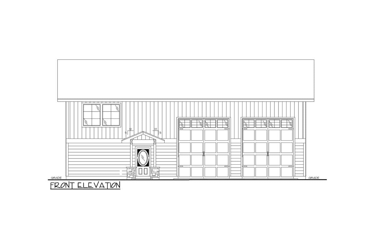 Front elevation house plan showing a symmetrical facade with a central entrance, two garage doors, and a small window.