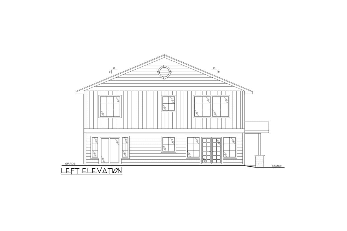 Left elevation drawing of a two-story house plan with a gable roof, multiple windows, and a covered porch.