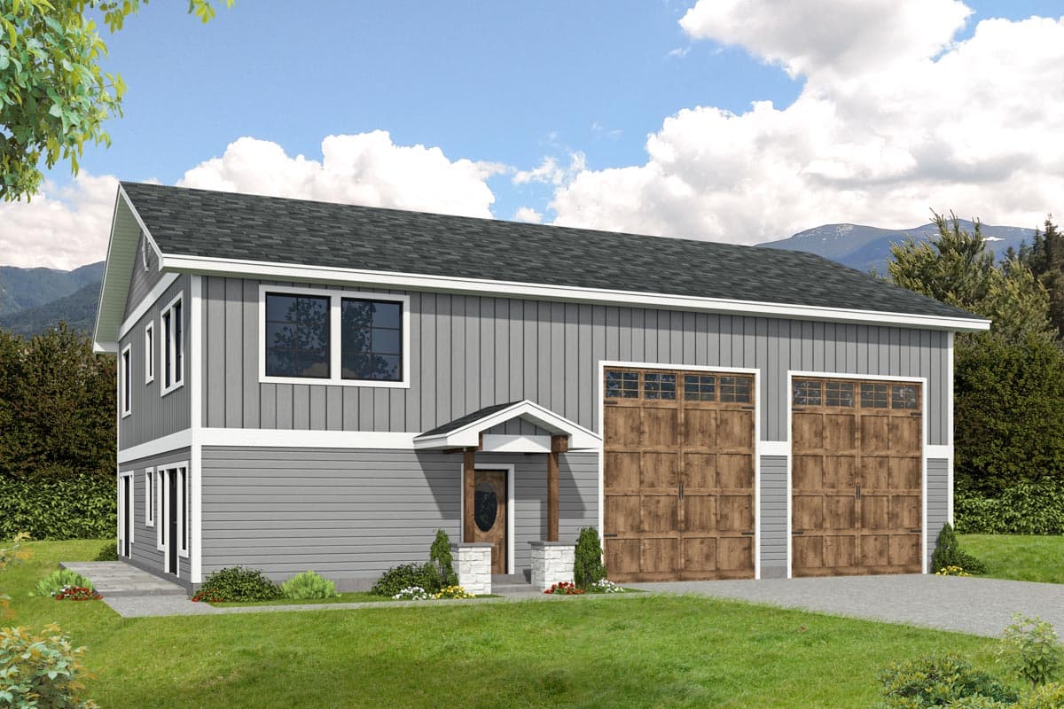 House plan exterior featuring a two-story structure. Includes a covered entry, gabled roof, and two-car garage with wood doors.