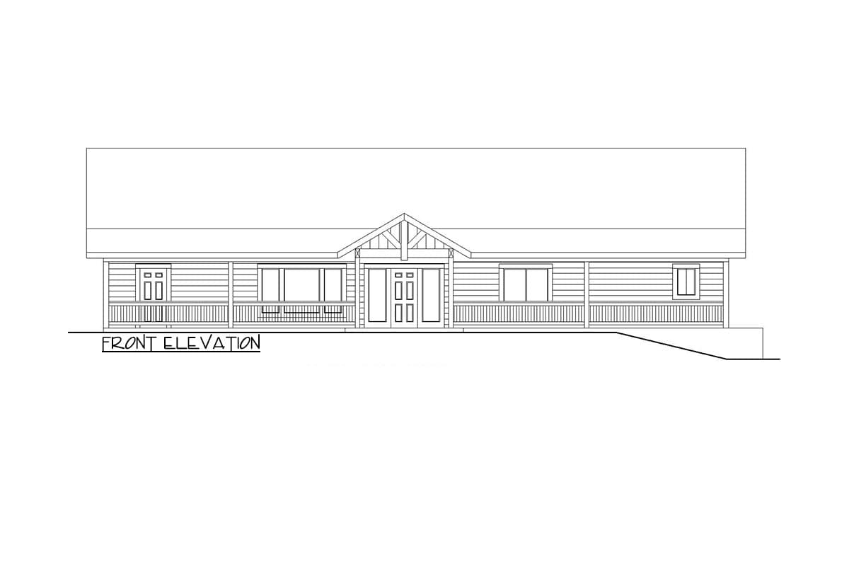 Front elevation drawing of a single-story house with a covered porch, central gable, and double entry doors.