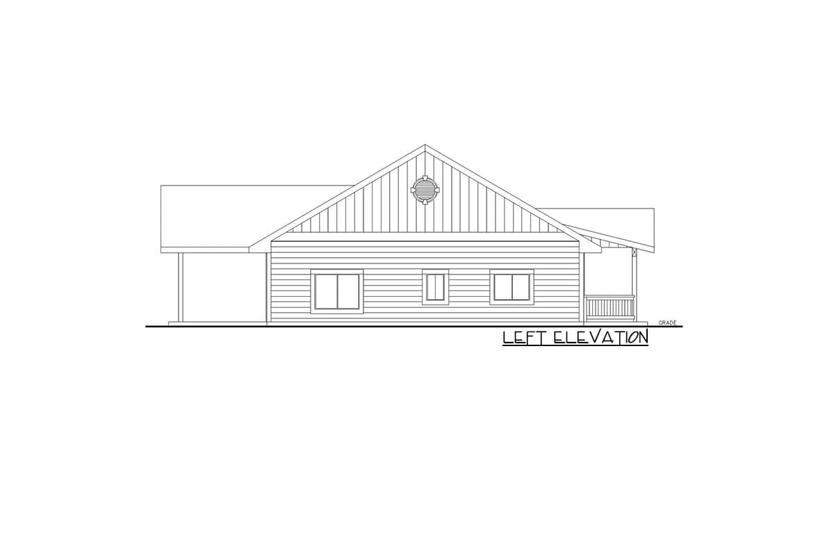 Left elevation drawing of a one-story house plan with horizontal siding, gable roof, porch, and a decorative round vent.