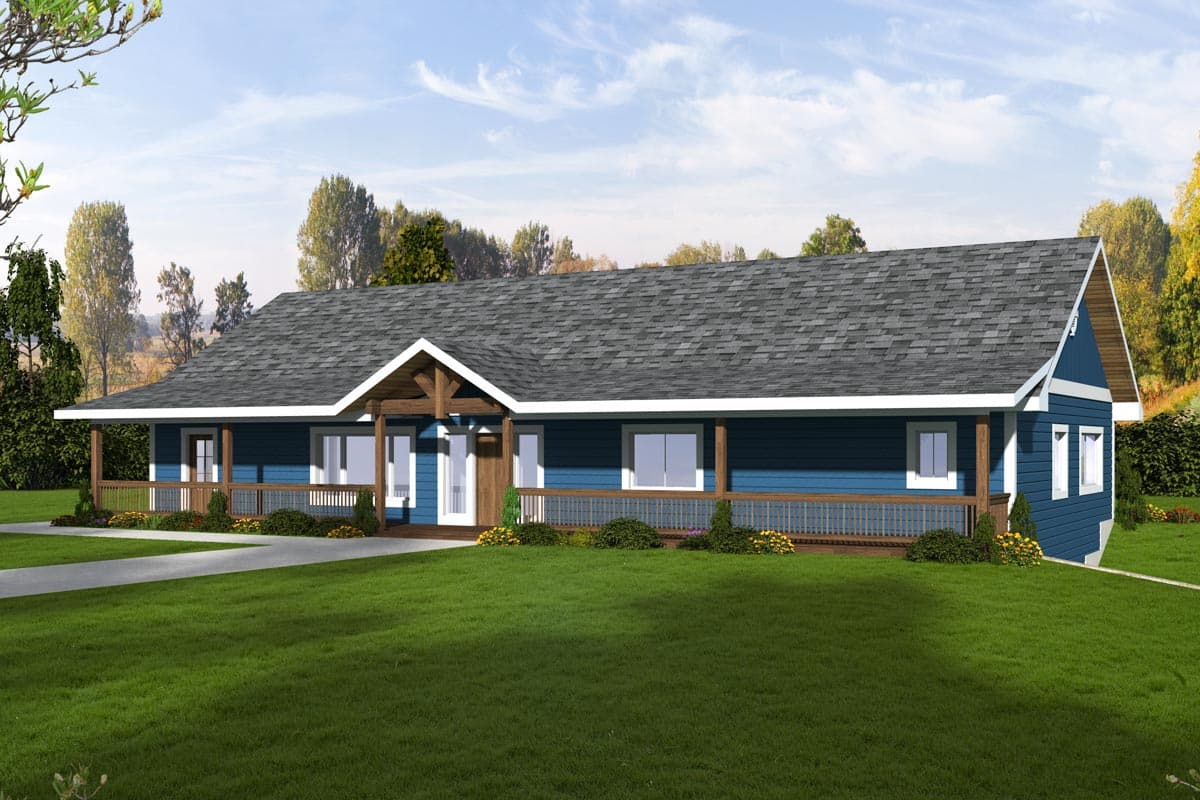House plan exterior with Craftsman-style elements. Features include a front porch, gables over the entrance, and a low-pitched roof.