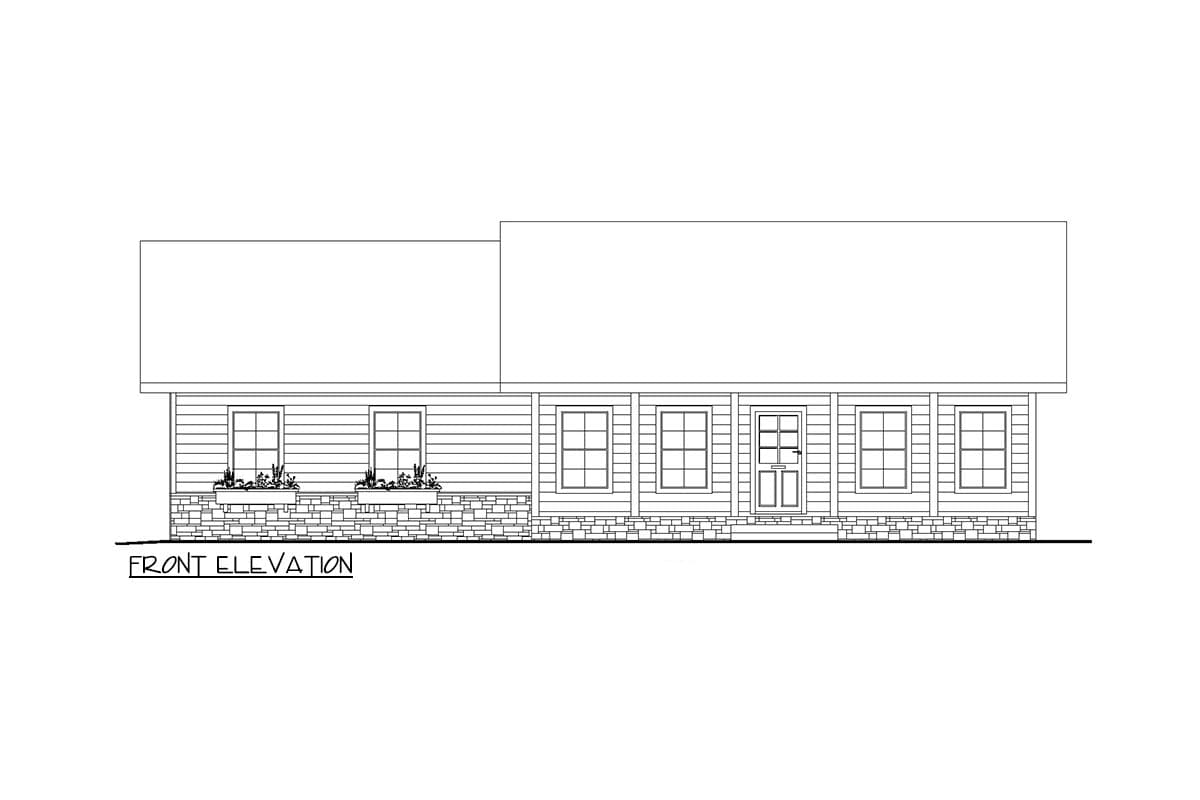 Front elevation drawing of a one-story house plan with a porch, horizontal siding, and stone foundation.