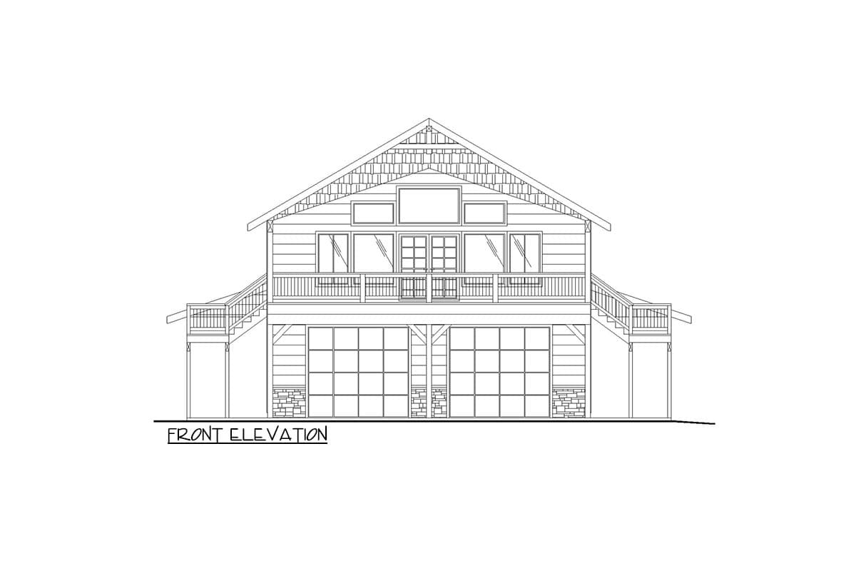 Front elevation drawing of a two-story house plan with a covered deck, two garage doors, and gabled roof.