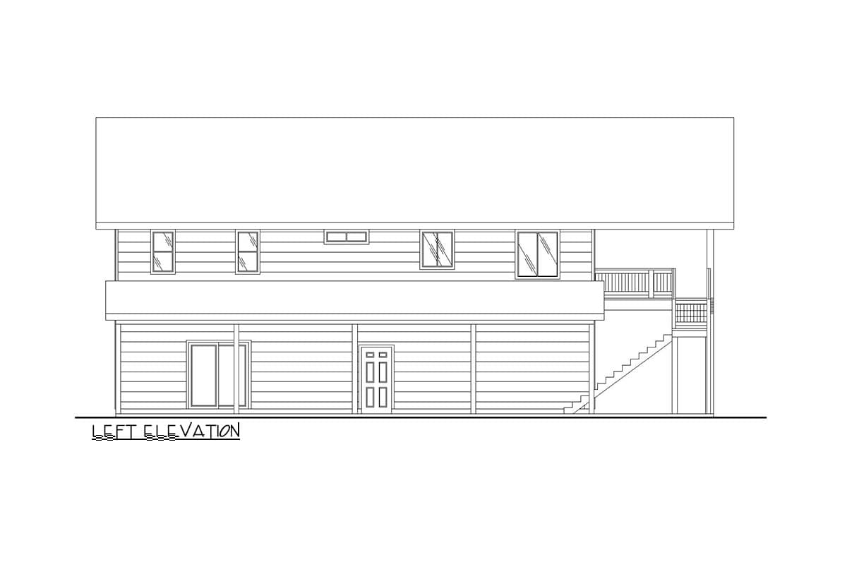 Left elevation drawing of a two-story house plan with a covered porch, multiple windows, a deck, and stairs.