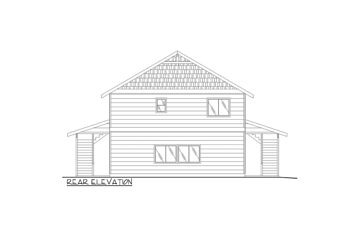 Rear elevation drawing of a two-story house with horizontal siding, a gable with decorative shingles, and covered entries on each side.