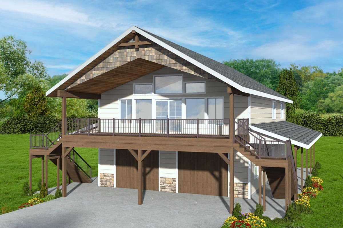 House plan exterior. Two-story home with a gabled roof. Features include a deck with railing, stairs to the entry, and garage underneath.