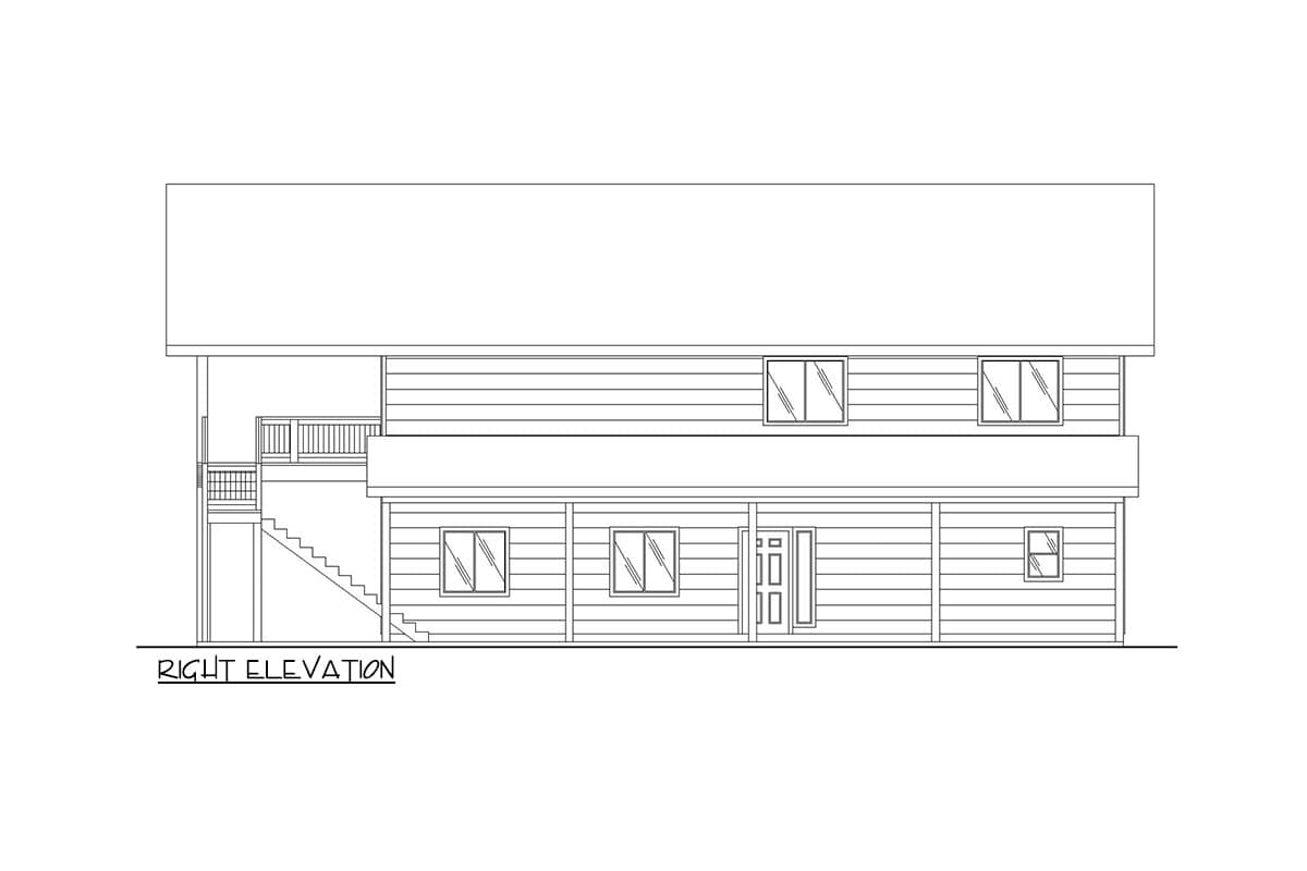 Right elevation house plan: Two-story, horizontal siding, covered porch, exterior stairs and deck.