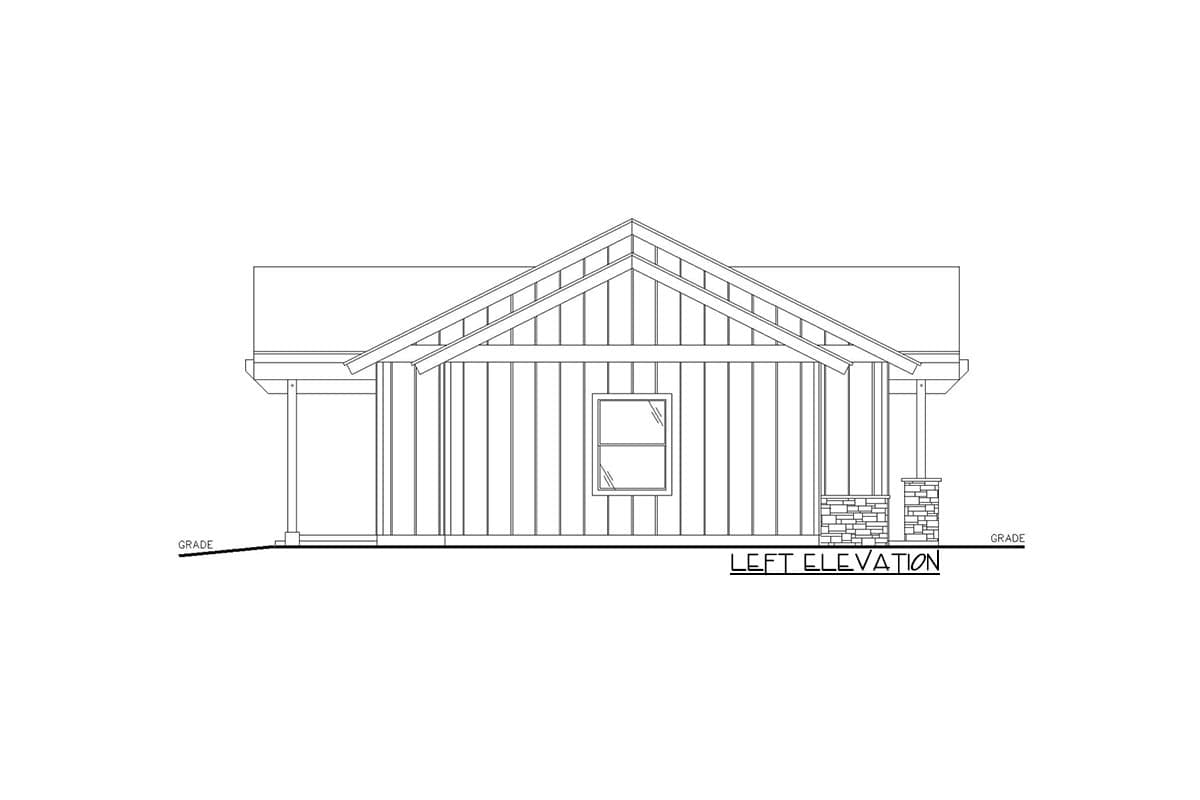 Left elevation of a single-story house plan with vertical siding, gabled roof, and stone-clad porch columns.
